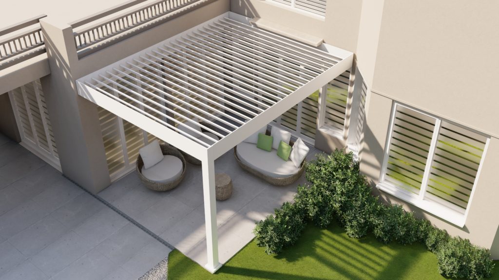 Louvered roof pergola attached to the house