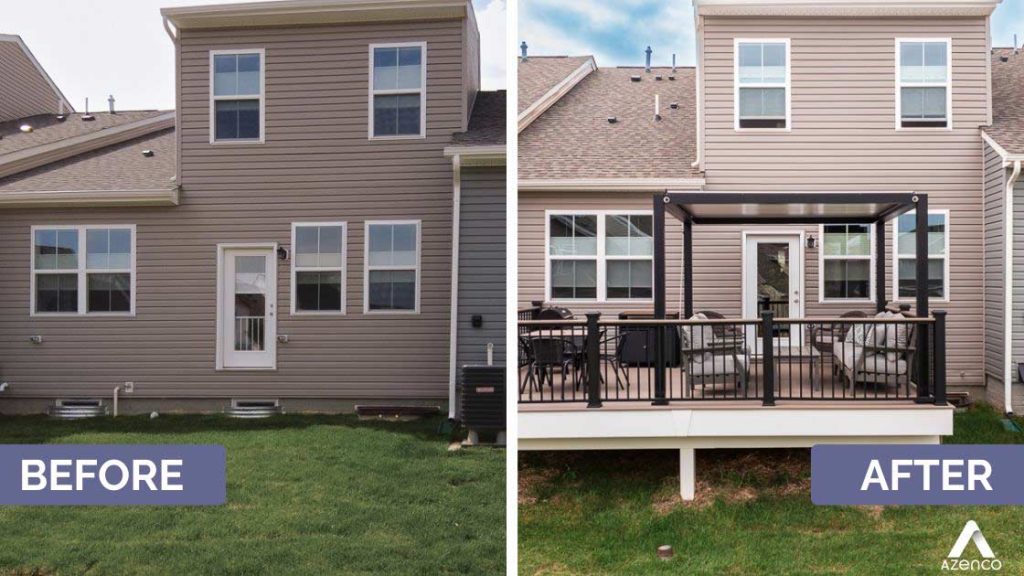 Before and after bakyard with Azenco Outdoor pergolas: Every pergola is crafted with care, precision, and a commitment to excellence, ensuring that our clients receive a durable product that enhances their lifestyle.