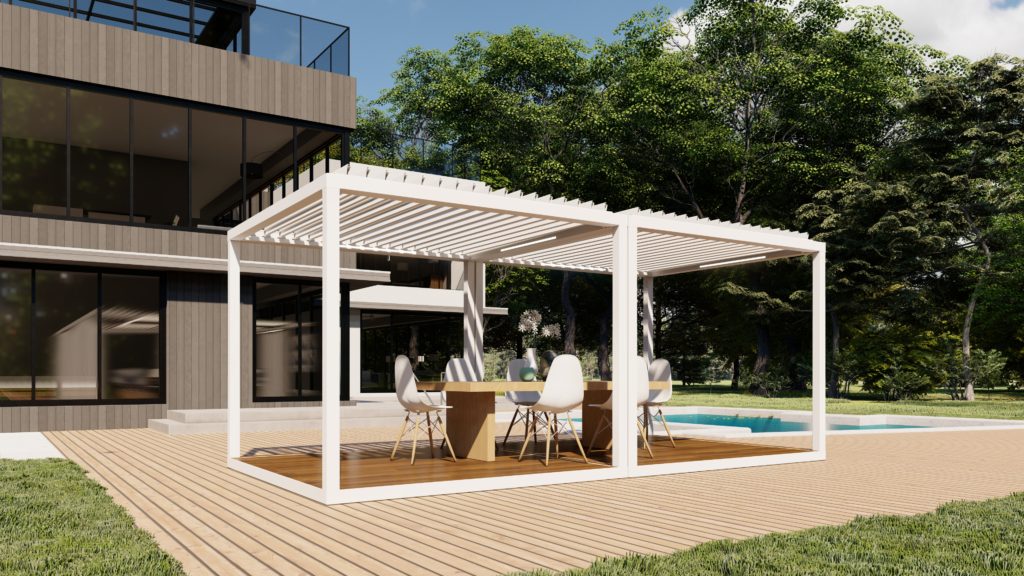 louvered roof cabana on pool deck - ideal modular structure for outdoor office - azenco