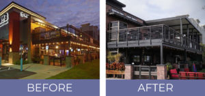 Outdoor terrace BEfore/After with a louvered pergola - World of Beer Bar and Kitchen