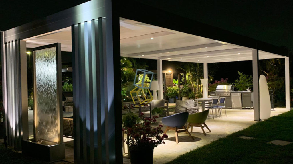 Outdoor living space - Spring well-lit patio at night for perfect evening ambiance