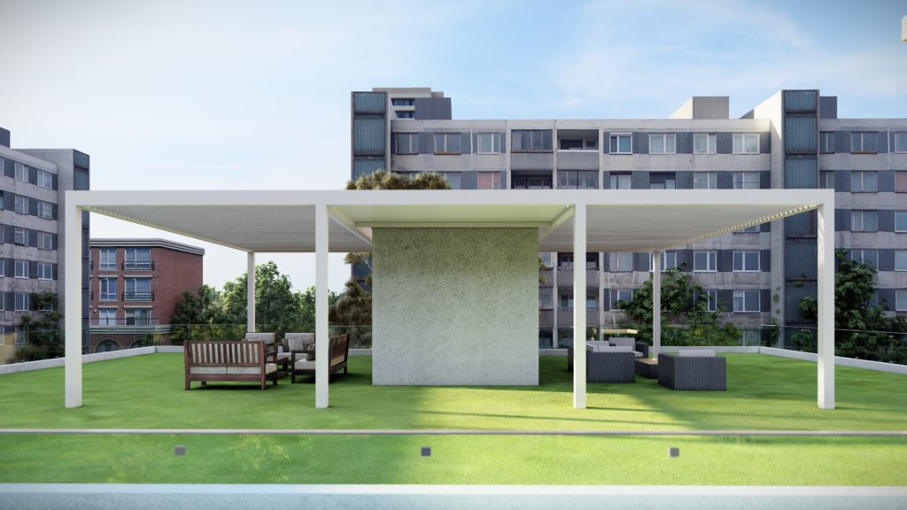 covered rooftop deck with synthetic grass