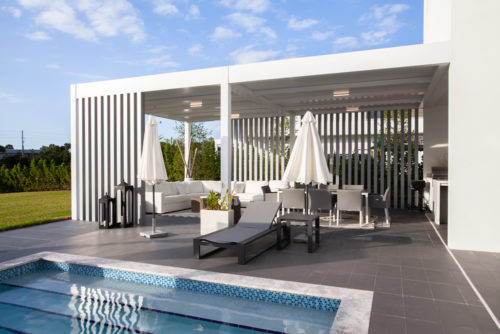 pool deck modern pergola with privacy walls
