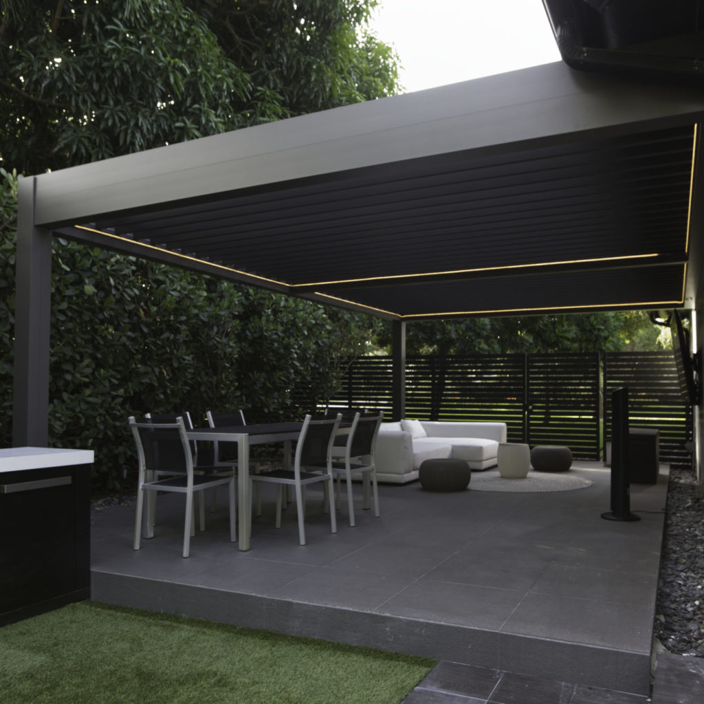 dark pergola with dark roof - autamoted louvers with led strip system