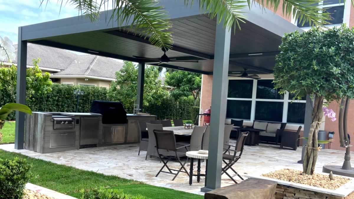 fire pit and bbq grill under pergola