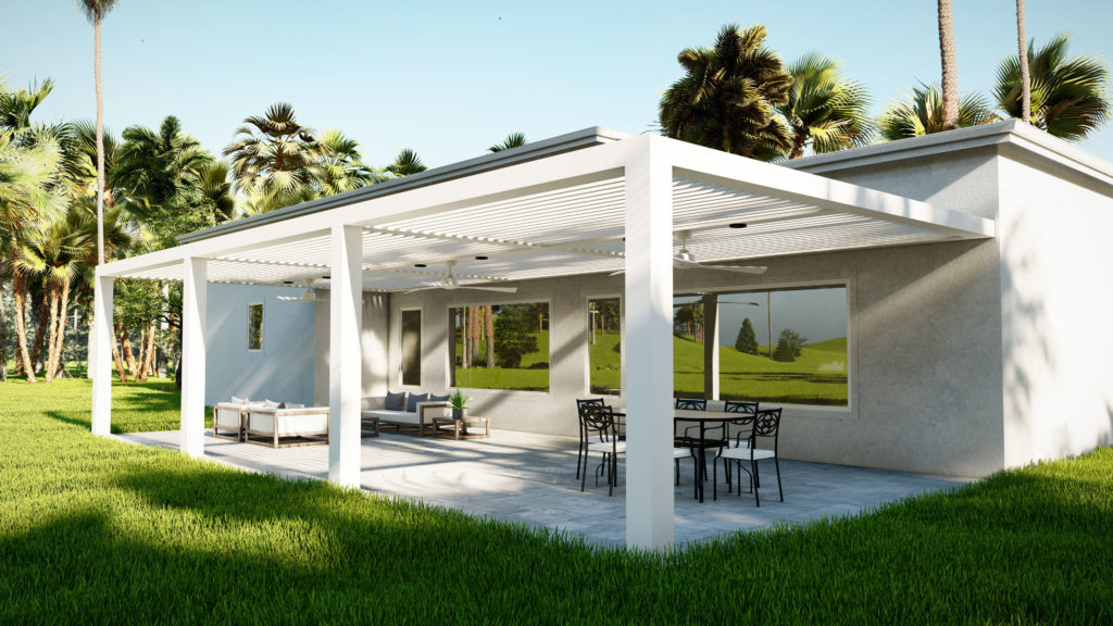 White pergola with louvered roof - Drawing Palm Beach by Azenco