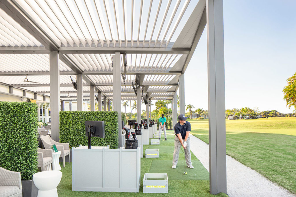 Hightech louvered pergola for golf practice.