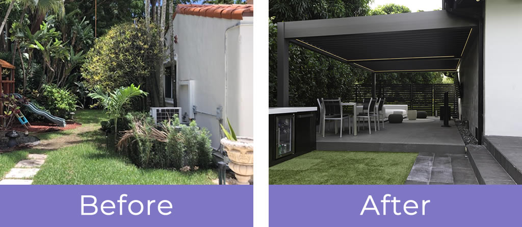 Outdoor renovation - Before-After project with louvered pergola