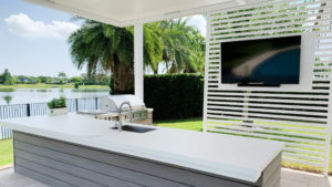 white solid roof pergola with tv