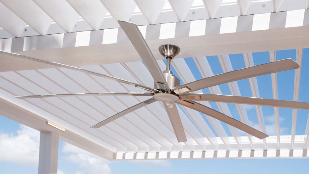 White modern pergola system with aluminum fan