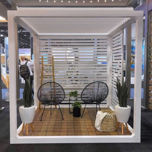 modular white cabana wsith louvered roof and sliding privacy walls