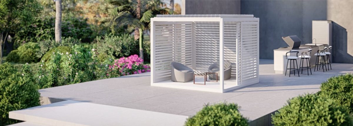 Manual louvered roof cabana, the K-Bana is the manual louvered roof out of the three pergolas manufactured by Azenco outdoor