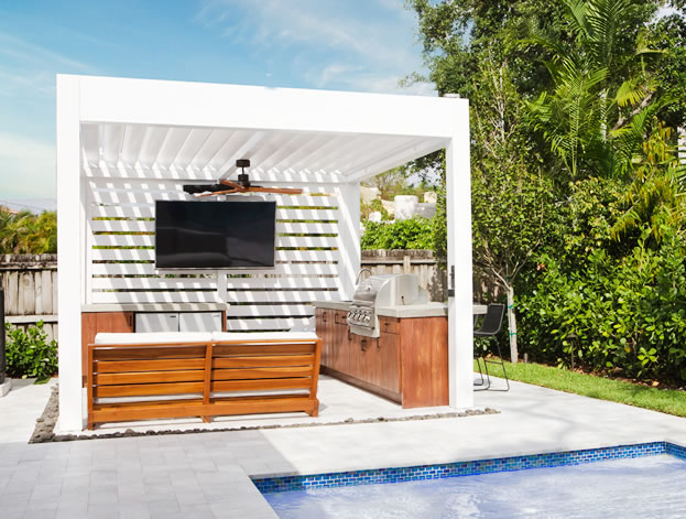 R-Blade louvered roof pergolw in white with aluminum privacy walls - azenco