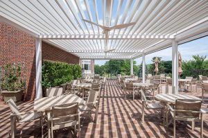 Open and close motorzied louvered roof -commercial pergola by Azenco Outdoor - at Wykagyl country club