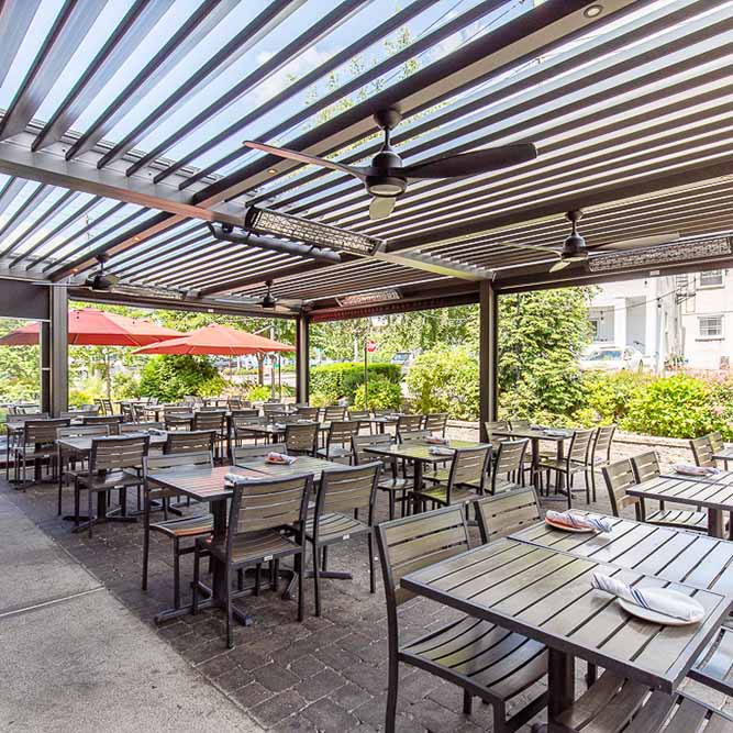 Global covered terrace that can be used all year long - Azenco best commercial pergola with motorized louvered roof