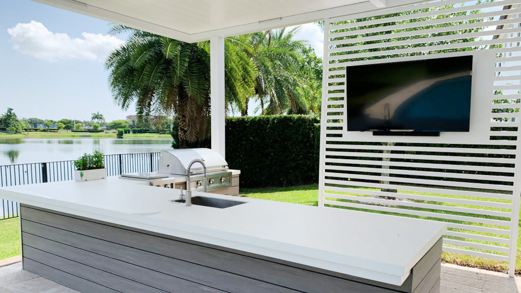 white solid roof pergola with tv