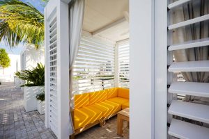 Poolside rooftop privacy pergolas at Arlo Hotel - Wynwood. Miami, FL