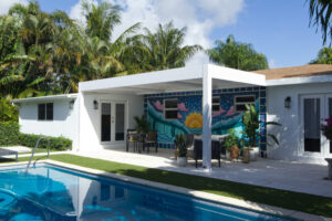 WHITE PERGOLA AND MURAL DECORATION