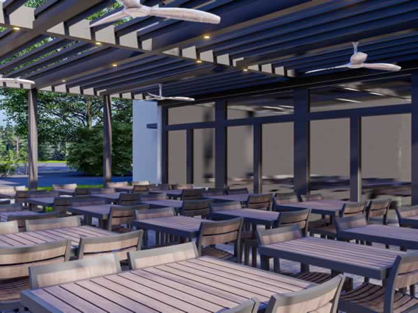 3D rendering - Before outdoor project with motorized pergola for a restaurant terrace