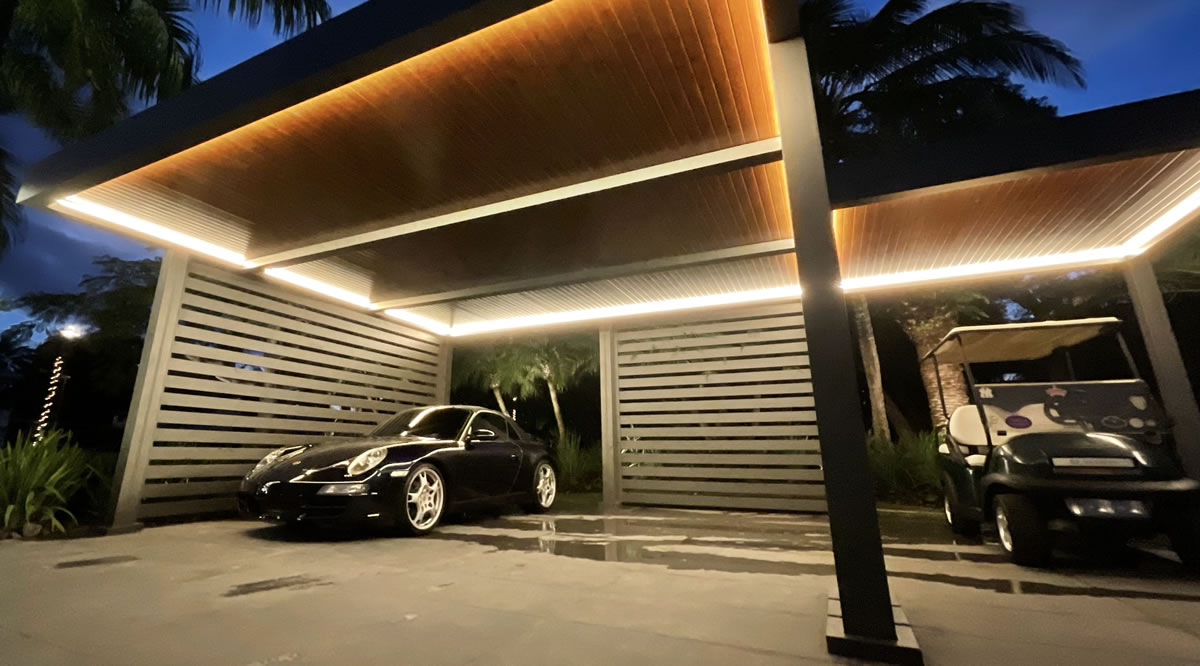 luxury black frame carport with aluminum wood finish roof