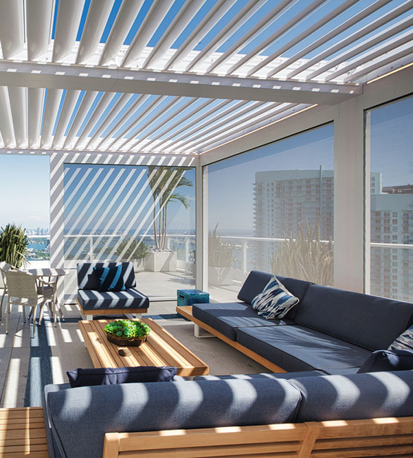 Outdoor design - louvered patio cover on a top of a residential buidling, Downtown Miami, FL