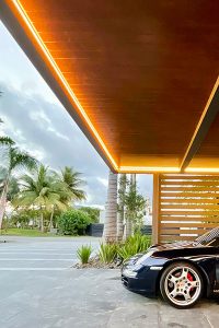 featuring details of the wood finish insulated roof and led light for the R-Car carport by Azenco