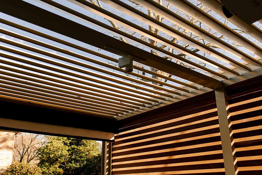 Custom louvered roof that open and close. Gapless duall-walled louvers, weather proof solution by Azenco