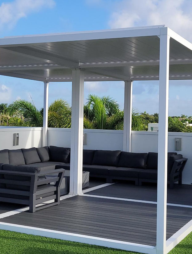 K-Bana - aluminum cabana by Azenco . Multiple modules comined on a rooftop terrace to create a modern covered outdoor space