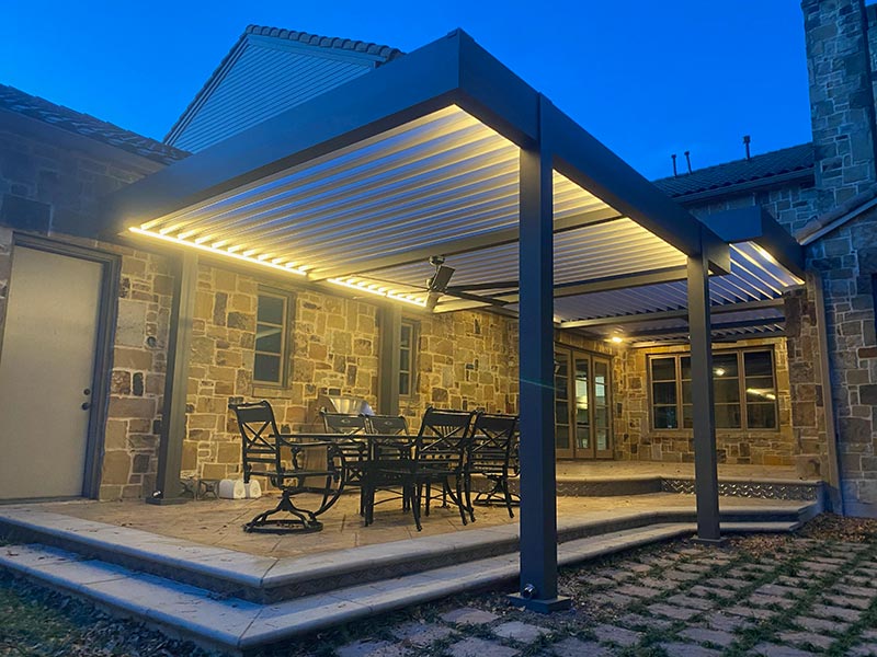 Rustic American outdoor space at night with modern pergola Azenco