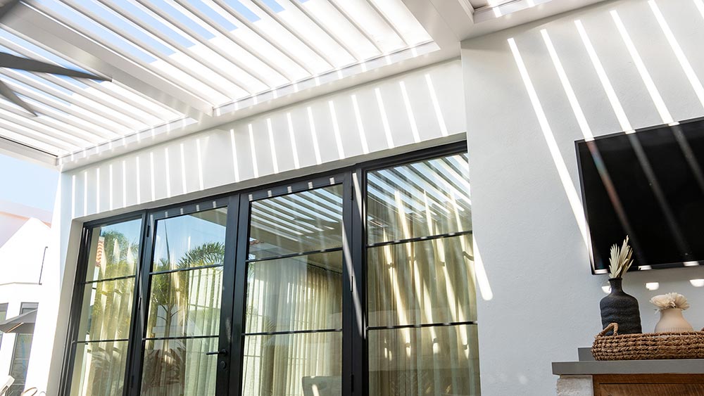 white louvered roof pergola design - Azenco Outdoor