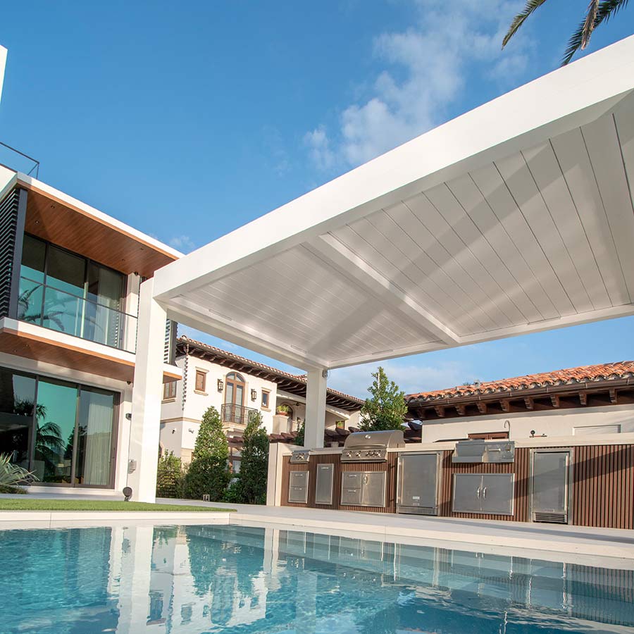 details of R-Blade pergola system and outdoor kitchen - Miami Beach, FL