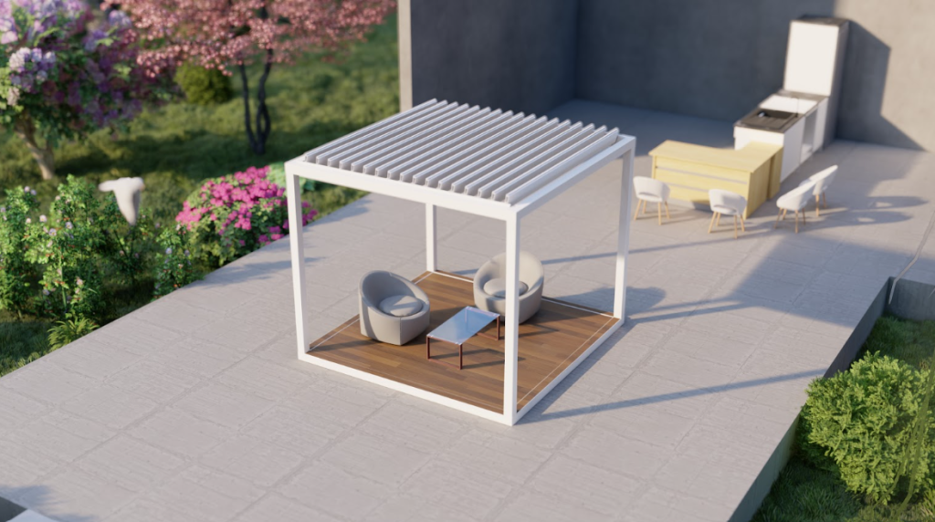 White cabana in aluminum with manual louvered roof