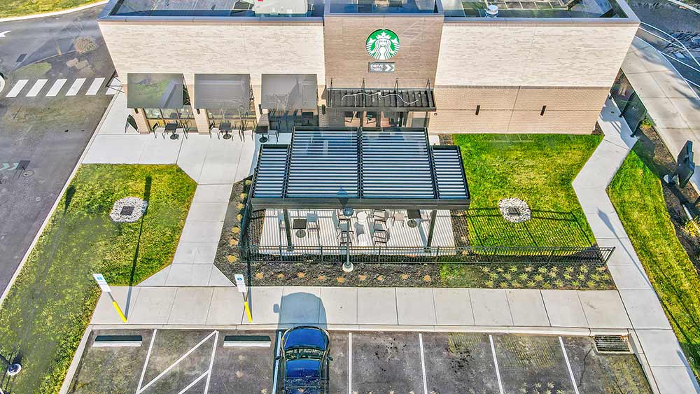 Starbucks outdoor seating area with Azenco pergola