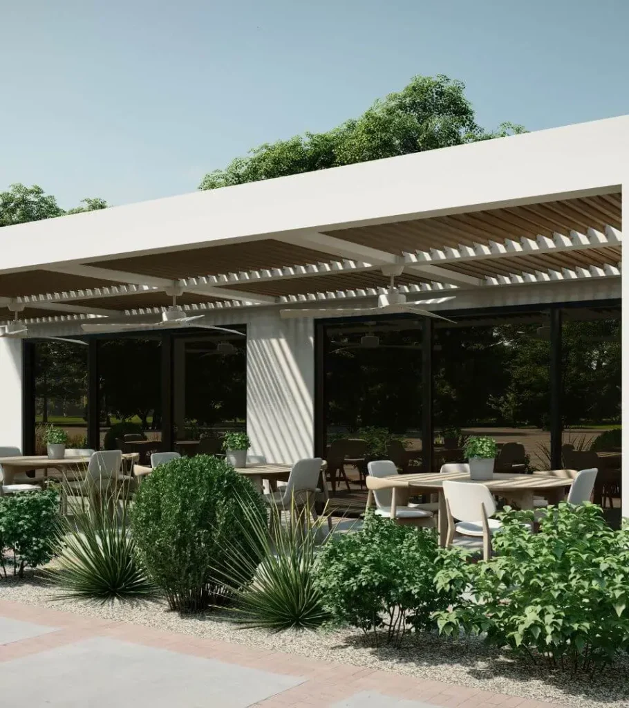 White aluminum frame and wood grain finish fixed angled louvers for a restaurant terrace - Commercial pergola by Azenco Outdoor, model R-Breeze