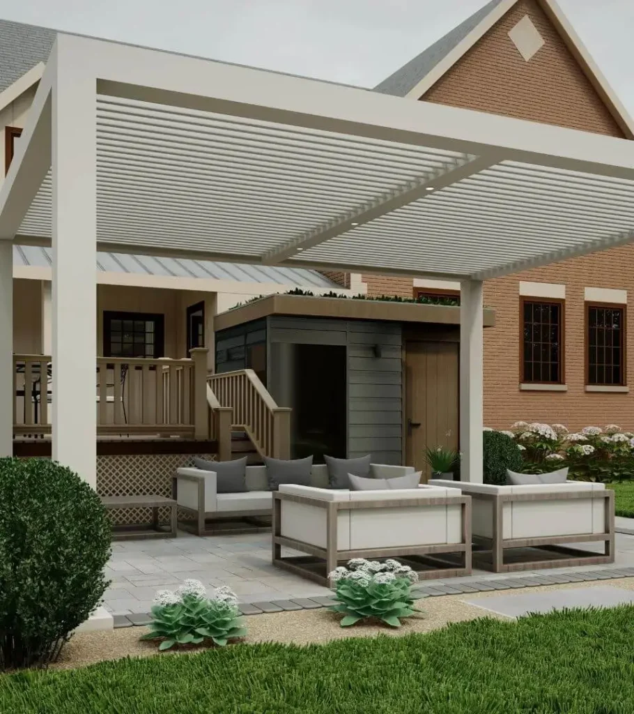 White fixed louvered roof with vertical slats in aluminum. 3D custom design with integrated recessed light for a residential backyard. Azenco Outdoor R-Breeze pergola model.