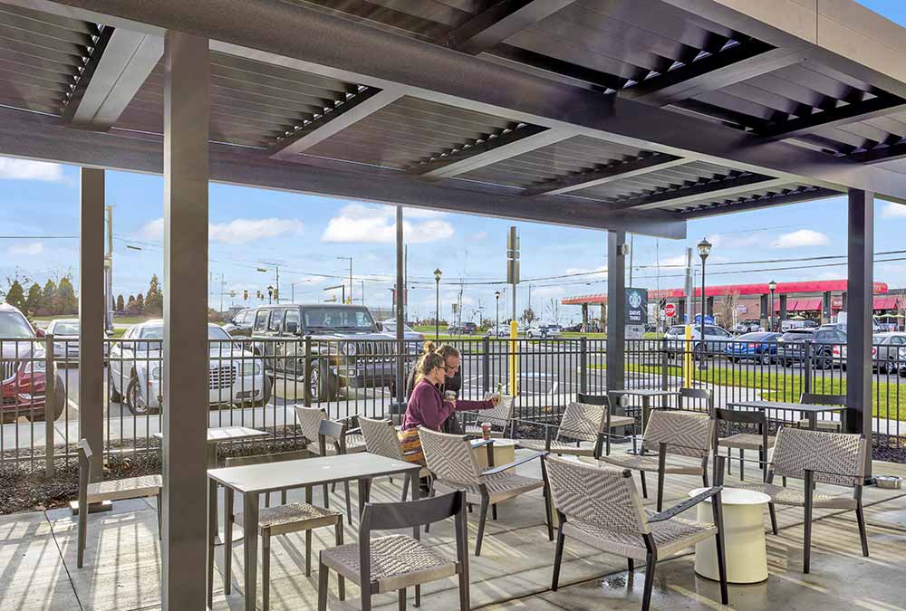 R-Breeze with fixed angled slats pergola at Starbucks in Lancaster, PA