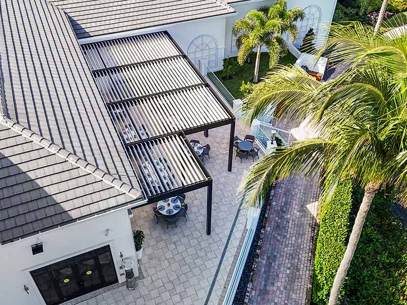 Aerial view of the Broken Sound Club Terrace with louvered pergola - Azenco Outdoor