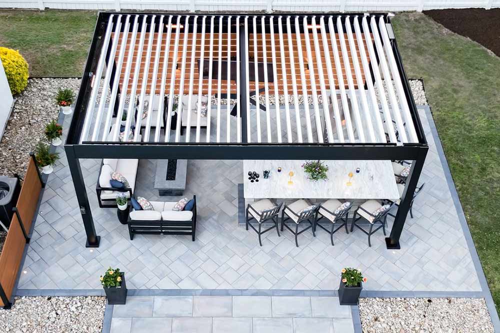 Aerial view - Black and white freestanding residential pergola - Azenco Outdoor