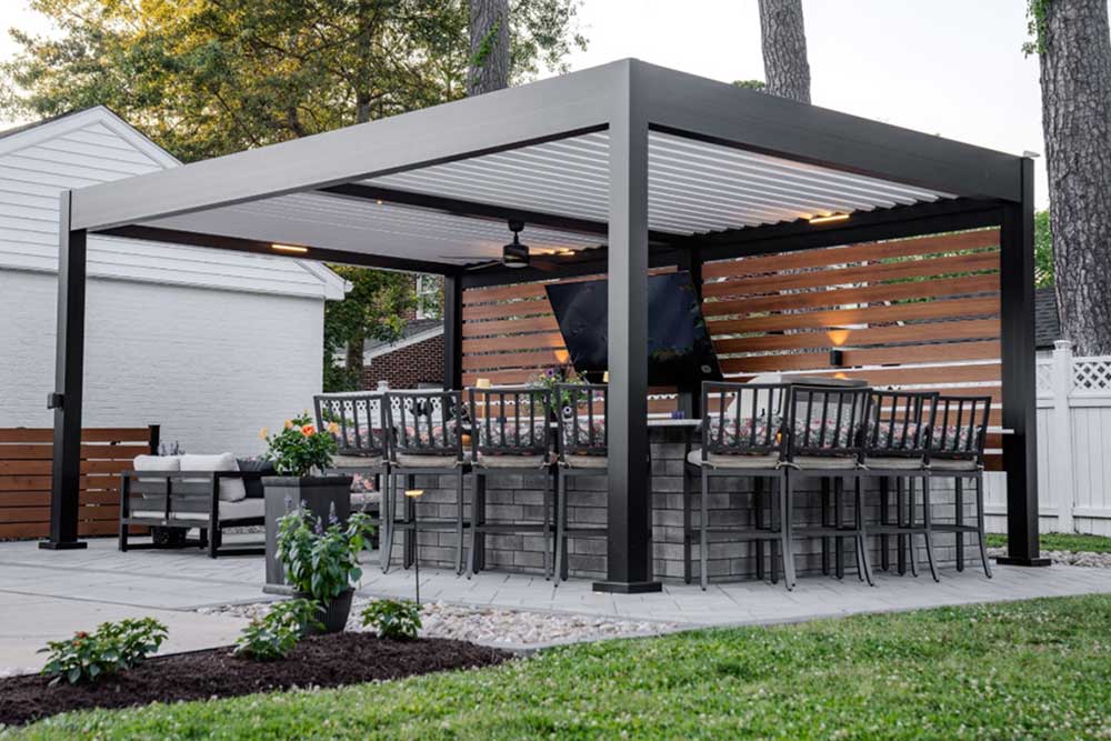 Black and white free-standing perogal with outdoor bar - R-Blade by Azenco Outdoor