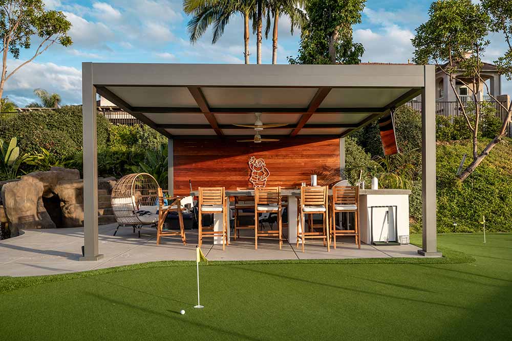 R-Shade free standing patio cover custom outdoor spot to take a shaded break from a round of golf.