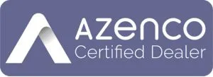 Azenco certified pergola dealer logo in white on a purple background