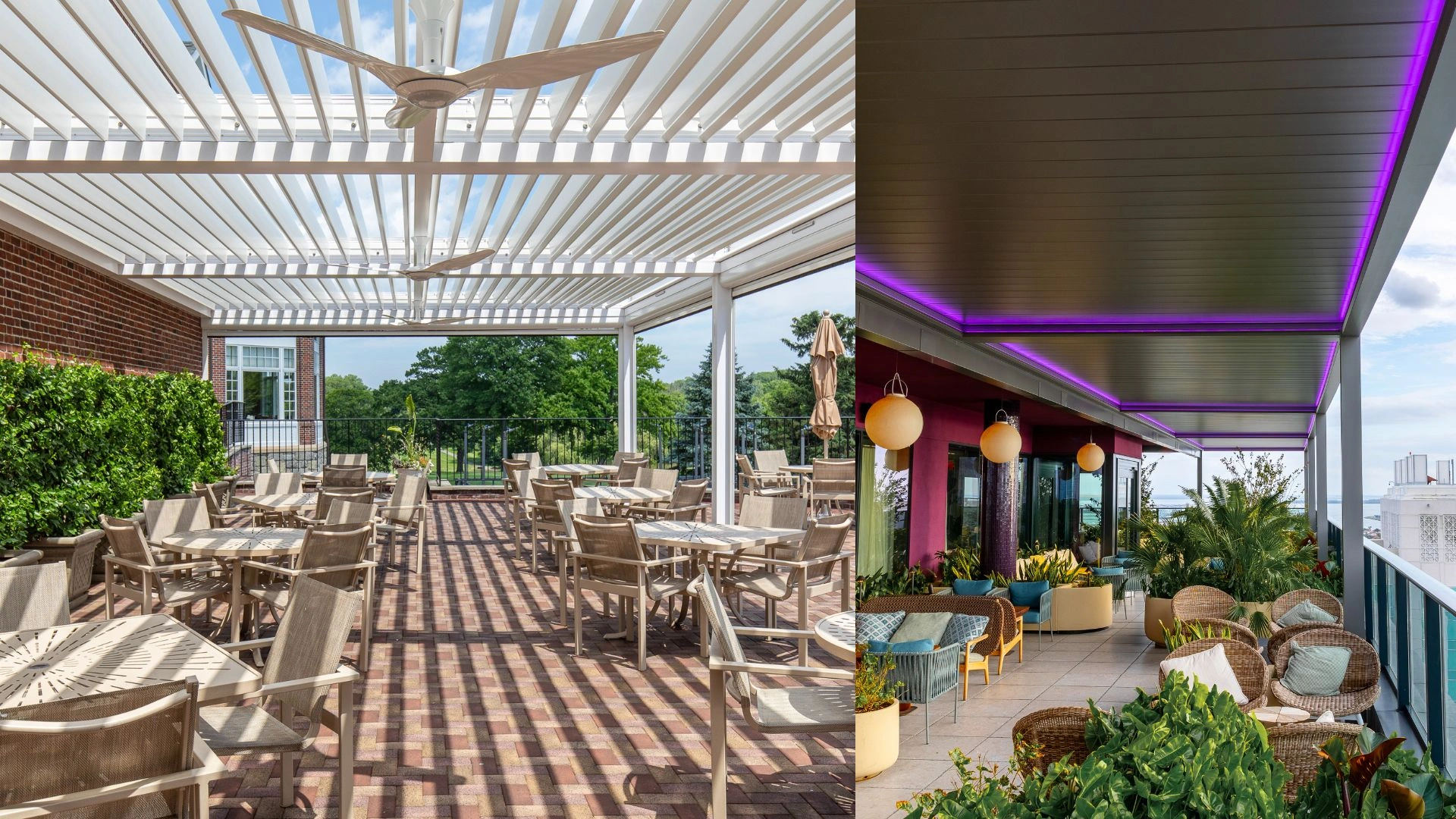 Different custom-crafted commercial shade structures by Azenco Outdoor - Model: R-BLADE electric louvered roof pergola