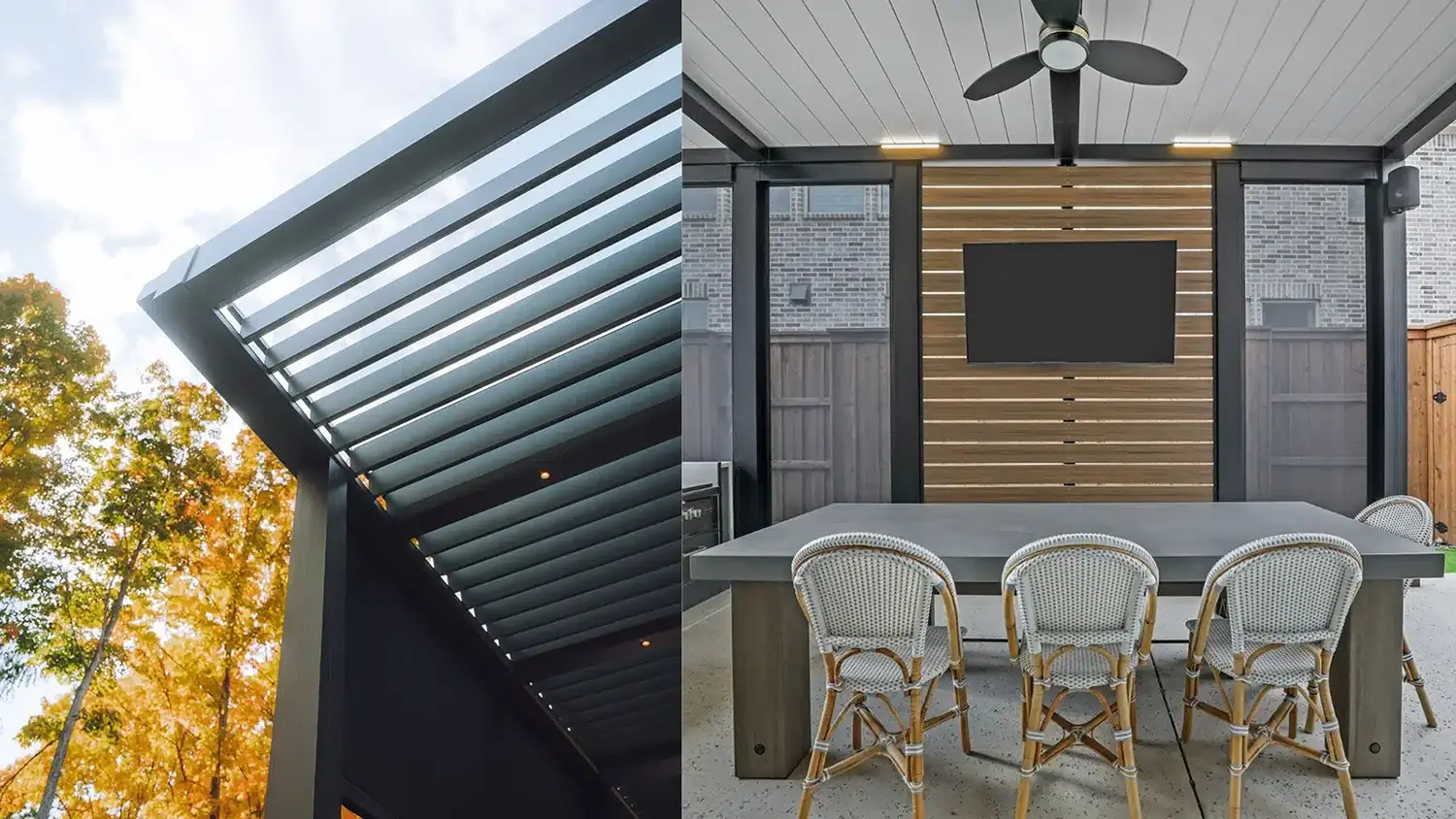 Cantilevered or with autamoted screens variations of the R-BLADE pergola - Made in the USA by Azenco Outdoor.