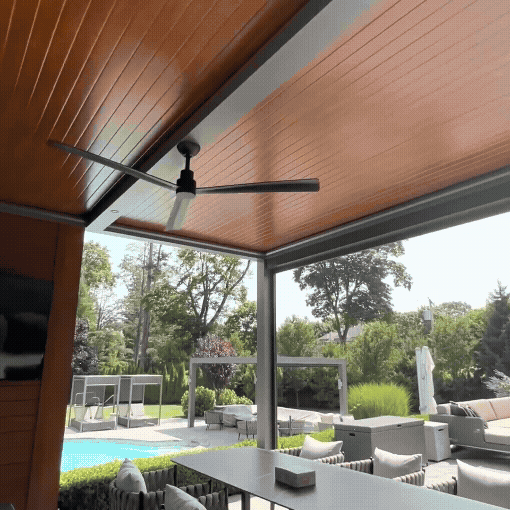 gray r-shade with wooden roof panels in poolside backyard