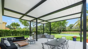 gray bronze r-blade with white louvers in a backyard