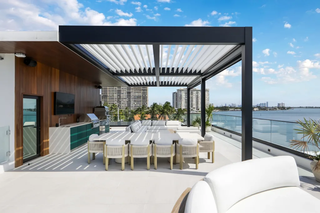 black r-blade on a rooftop deck with outdoor furniture