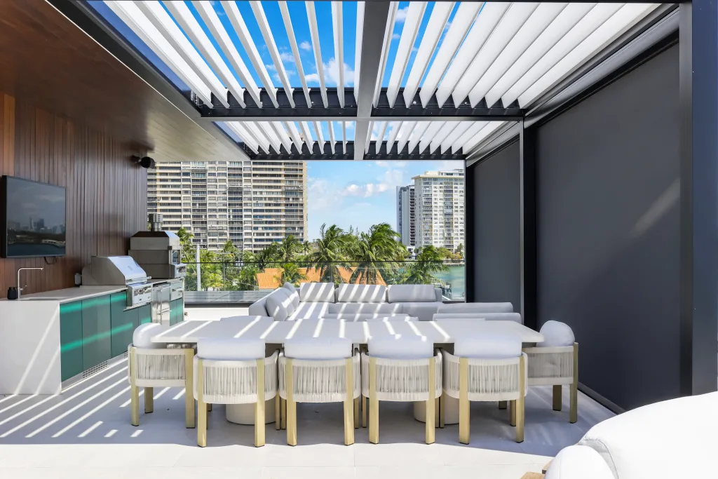 black r-blade on a rooftop deck with outdoor furniture