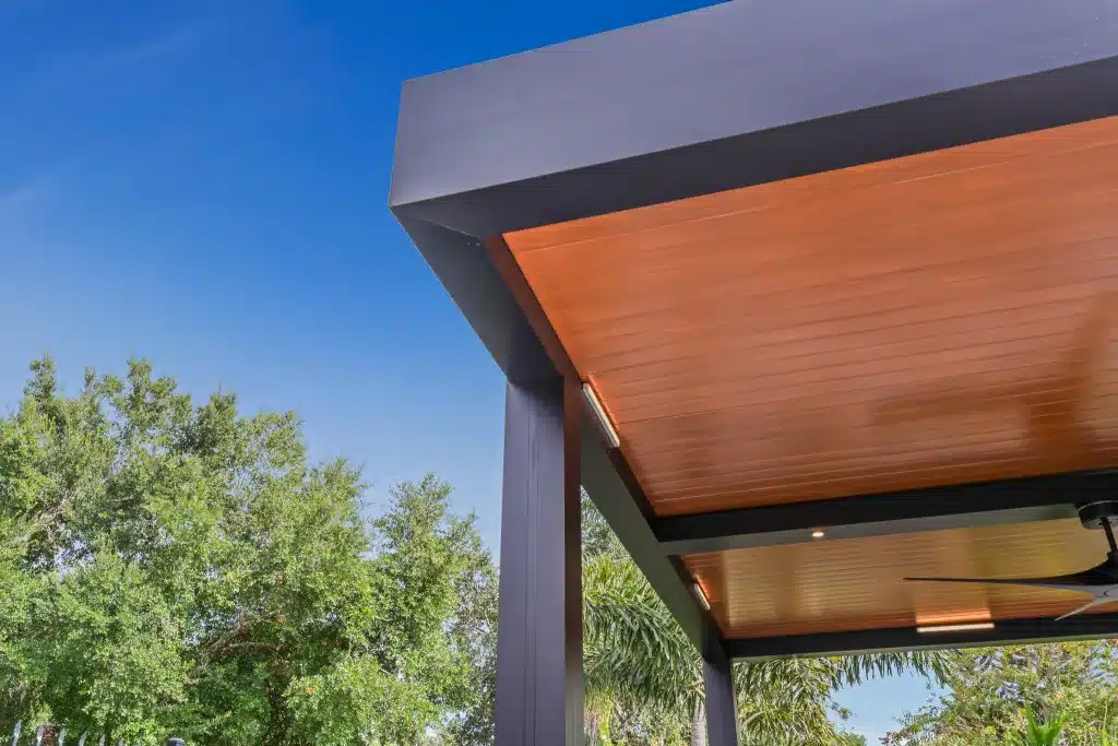 black r-shade - wood grain panels - fans- led lights - cantilever post - kitchen - pool - table 23