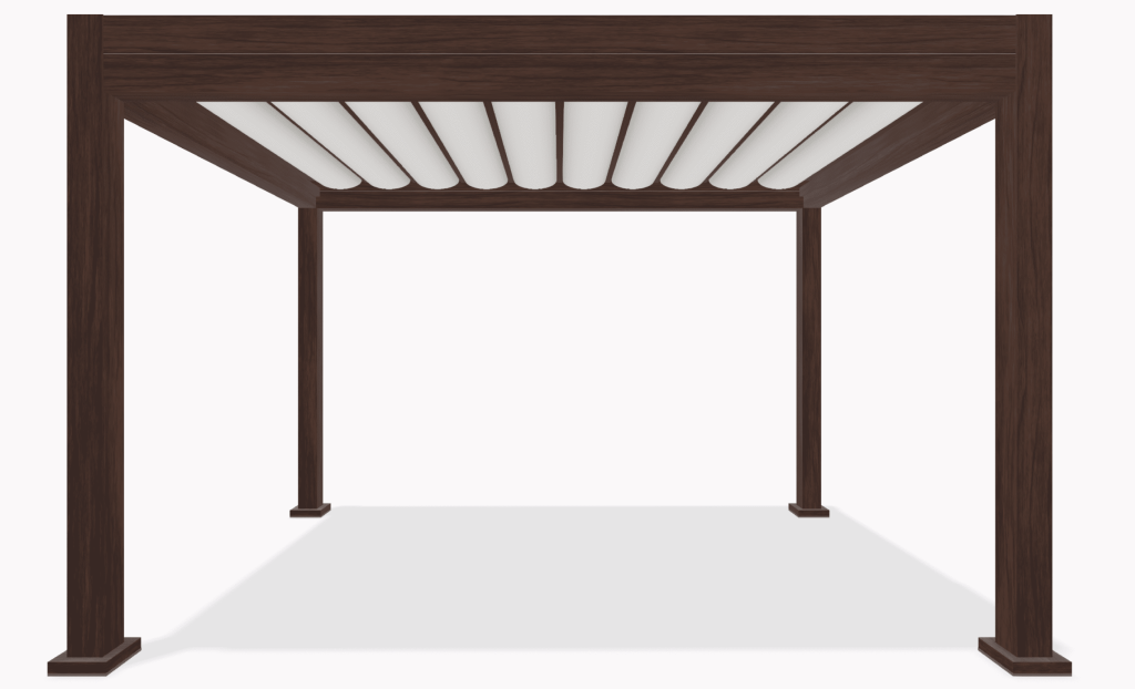Azenco R-WEAVE fabric pergola with wood grain frame
