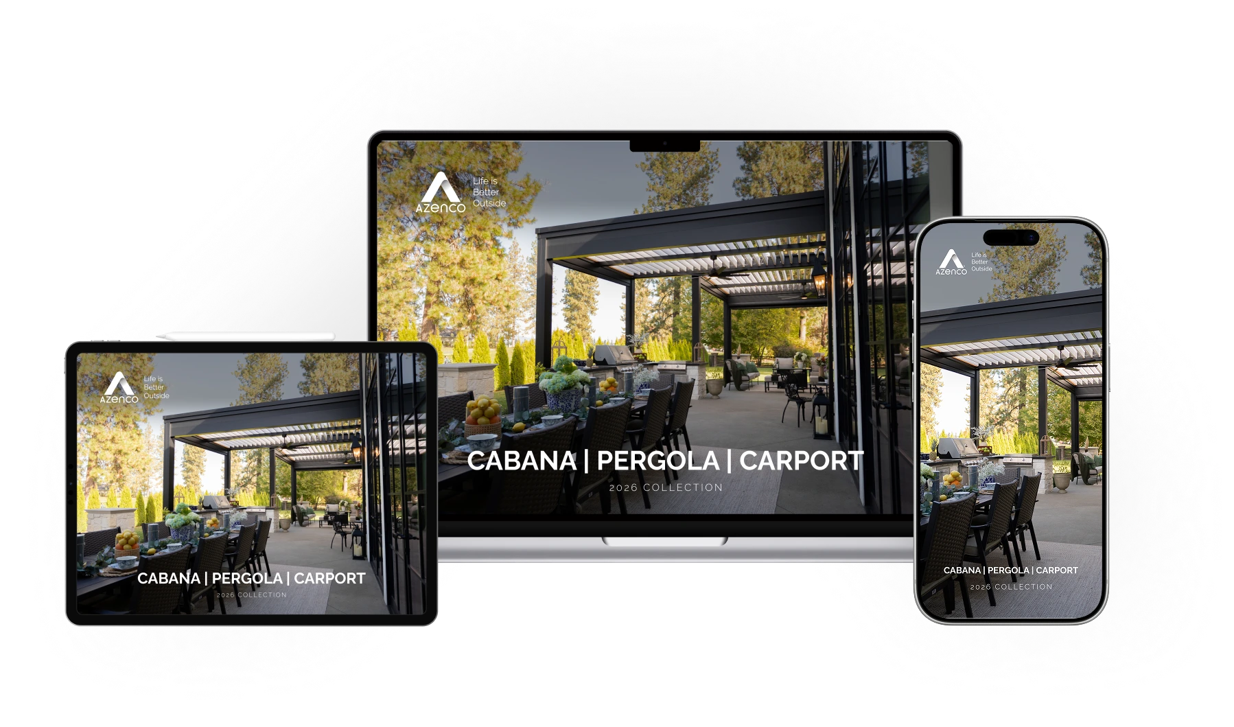 Azenco Outdoor 2026 catalog shown on a laptop, tablet and phone